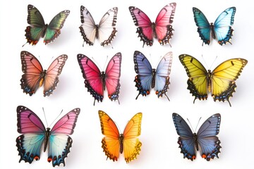Wall Mural - a cluster of vibrant butterflies gathered on a pure white background, ready to spread their wings