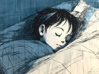 Wall Mural - risograph print texture, sleeping kid, whimsical and charming, line drawing, minimalist