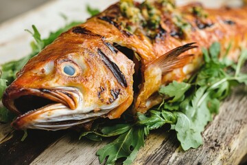 Close-up of a fish on a cutting board, great for food or kitchen illustrations