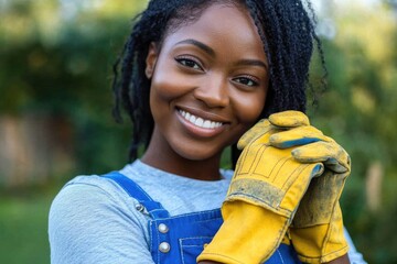 Wall Mural - A smiling woman holds a pair of gloves