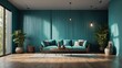© SR Production - A minimalist interior featuring a turquoise wall and polished wooden floor, with light streaming through the window,