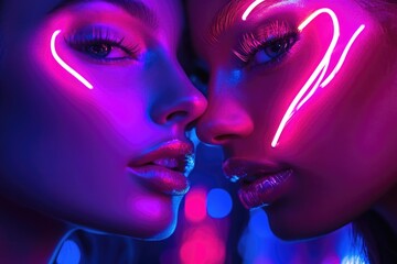 Two women illuminated by neon lights on their faces, a unique and colorful scene