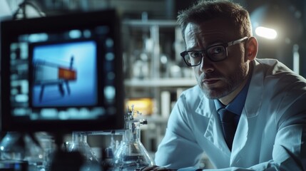Wall Mural - a scientist or researcher looks at a computer screen with focus on the monitor