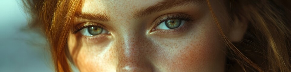 Wall Mural - Close-up portrait of a woman with freckles on her face