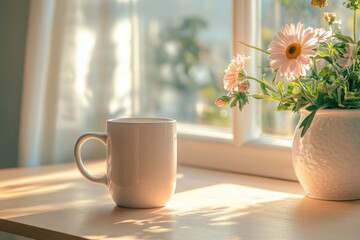 Wall Mural - A coffee cup and vase of flowers on a table