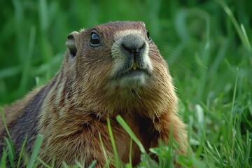 Wall Mural - A groundhog sits amidst tall grass, looking around