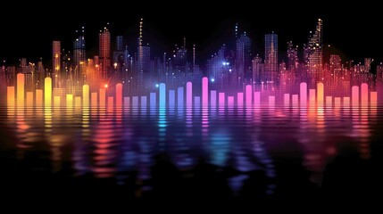 Wall Mural - vibrant city nightscape: colorful skyline with dynamic soundwave reflections