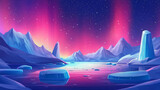 Polar night landscape with glaciers floating in sea and pink aurora borealis in sky. Cartoon vector cold arctic panoramic scenery with iceberg and northern lights. Drifting ice and snow blocks.