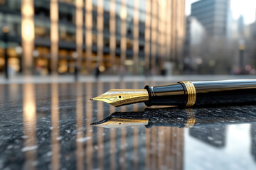 Wall Mural - Elegant fountain pen resting on a polished surface in an urban setting during daytime