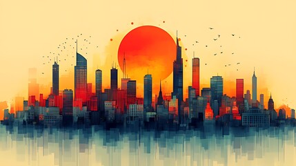 Wall Mural - Cityscape sunset illustration, birds flying, urban background, website design