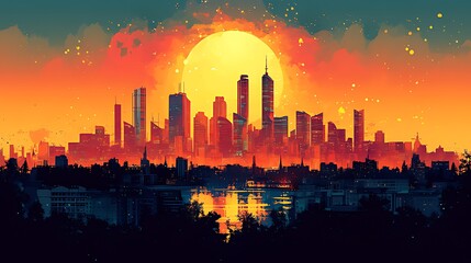 Wall Mural - Sunset Cityscape, fiery sky, water reflection, urban fantasy art