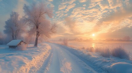 Wall Mural - Tranquil Snowy Countryside Scene With Frosty Trees at Sunrise