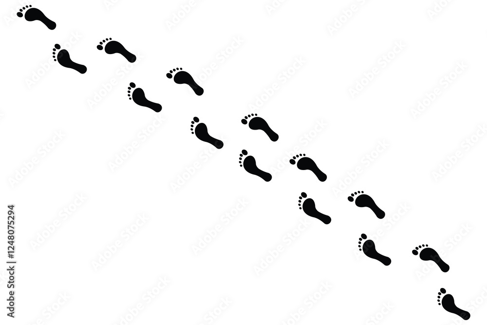 Human footprint. Path of human bare feet. Road of steps. Person walks barefoot. Silhouette. Vector isolated on white. Diagonal path. Drunk staggering man. 