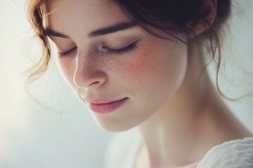 Wall Mural - Close-up portrait of a woman with freckles on her face, suitable for beauty or personal use