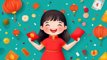 Wall Mural - Cheerful Child Celebrating Lunar New Year with Red Envelopes and Festive Decorations in Bright Colorful Scene