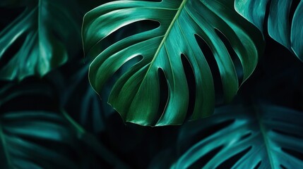 Poster - Close-up of lush green monstera leaves against a dark background.