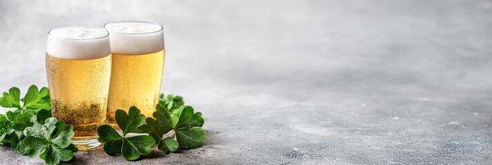 Wall Mural - Two beer glasses with clover leaves on a gray stone background. St. Patrick's Day. Celebration and holiday concept for advertising, banner, or bar menu with copy space.