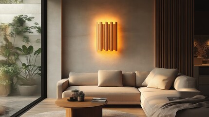 Poster - Cozy living room with a warm light fixture and modern decor.
