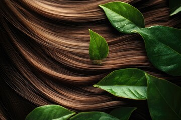 Wall Mural - Close-up shot of a woman's hair with green leaves entwined, possibly in a forest or nature setting