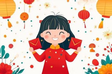 Wall Mural - Cheerful Girl in Red Holding Red Envelopes Surrounded by Lanterns and Floral Decorations for Festive Celebrations