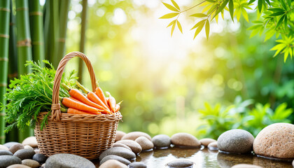 Wall Mural - Fresh carrots in a basket by serene pond, nature's bounty