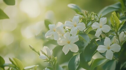 Sticker - A close-up shot of a bunch of white flowers with green leaves, perfect for use in interior design or as a decorative element