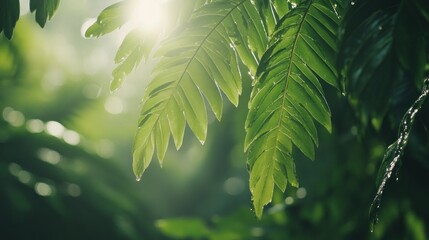 Poster - Lush green leaves glistening in soft light, evoking a serene natural atmosphere.