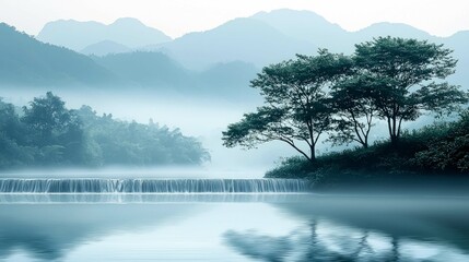 Wall Mural - serene waterfall landscape: misty mountains, tranquil river, and peaceful trees