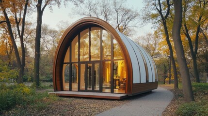 Poster - Modern arch-shaped house in a serene park setting, showcasing large glass windows.