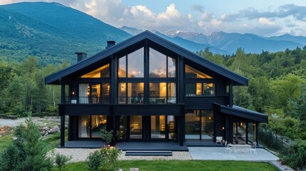 Poster - Modern black house surrounded by nature and mountains, featuring large glass windows.
