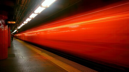 Wall Mural - red subway train in motion: a dynamic cityscape through the tunnel
