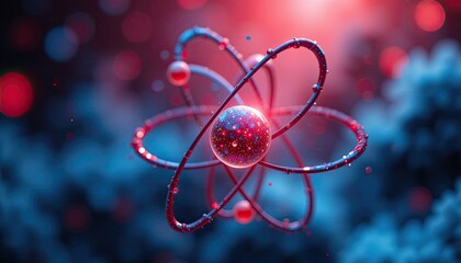 Poster - Over blurred red and blue, a red-blue atom model