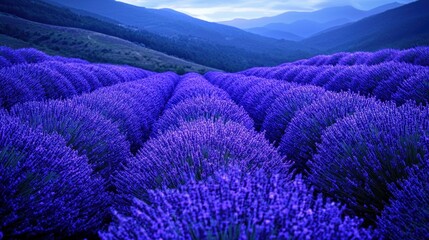 Wall Mural - Lavender field rows, mountain backdrop, sunrise, scenic landscape, postcard