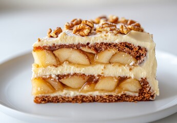 Wall Mural - Delicious apple dessert slice layered with cream, caramelized apples, and topped with walnut pieces on a white plate against a neutral background