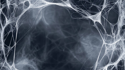Halloween background with spider web isolated on transparent backdrop. Scary pattern with border of hanging spiderweb, net or white threads, vector realistic illustration