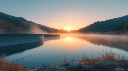 Poster - Serene sunrise over a calm lake surrounded by hills and mist.