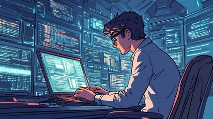 Coding in a digital world: A skilled coder immersed in his work, focused and concentrated in a state-of-the-art tech environment.