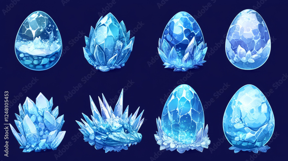 Cartoon dragon ice crystal eggs animation with whole, cracked and ...