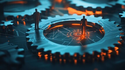 Poster - Two figures stand on interconnected gears, symbolizing technology and collaboration.