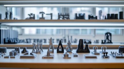 Poster - A collection of 3D-printed components ready for assembly, showcasing innovative manufacturing techniques powered by AI design algorithms in a modern industrial workspace.