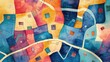 © Natchooda - A colorful map with watercolor textures, highlighting microfactory locations and connecting pathways to community centers, symbolizing the link between local production and community needs