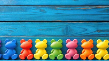 Colorful teddy bears on blue wood background