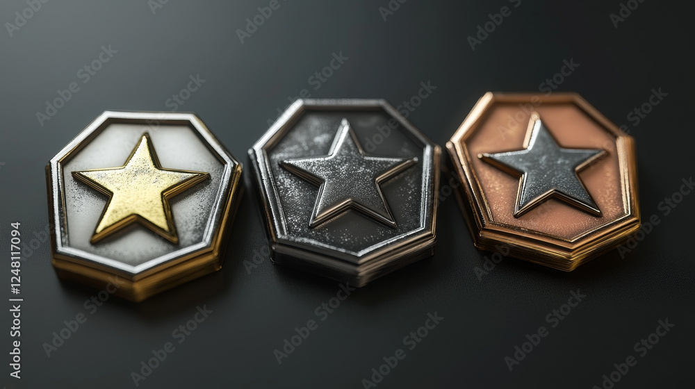 Game award badges and medals for third, second and first place. Cartoon ...