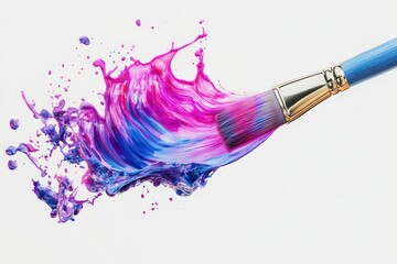 a paintbrush releasing multicolored liquid splashes in mid-air, with luxury abstract tones, isolated