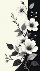 Abstract black and white floral motif; minimalist Japanese design , deco, design element