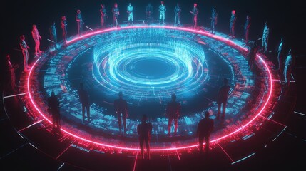Poster - A glowing circular arena with holographic figures engaging in debates and discussions, symbolizing the importance of dialogue in education and leadership development.