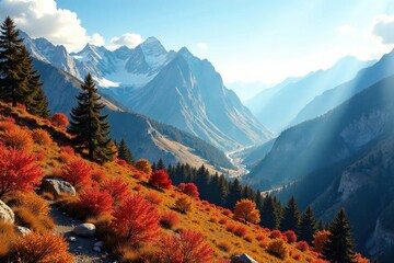 Wall Mural - Autumnal hillside ablaze with vibrant foliage, overlooking a majestic mountain range and a winding valley road, bathed in the golden light of a serene autumn day.