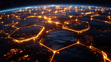 Poster - A series of glowing, pulsating hexagons interlocked together, symbolizing the core components of technology and innovation driving infrastructural development and growth.