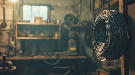 Workshop ambience, Metal coil suspended in a vintage artisan's haven