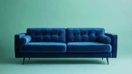 Wall Mural - Blue velvet sofa against a green background.